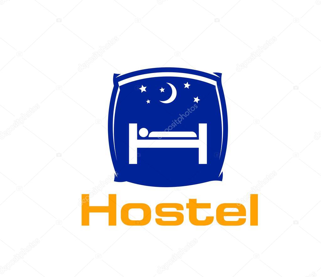 City hostel or hotel icon for guest house or travel accommodation booking app, vector emblem. Hostel icon with bed and night stars in pillow silhouette for hotel or tourist room and apartments rent