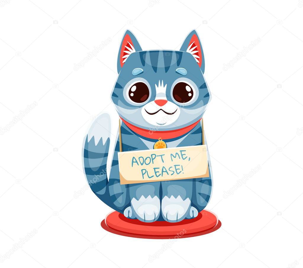Adopt cat, pets adoption sign, funny kitty kitten with sad muzzle, vector icon. Adopt me please badge with cat kitten with unhappy muzzle face for pets adoption banner or animal shelter poster