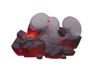 Çizgi film şöminesi kömürü, yanan kömür parçaları ve kül, vektör ikonu. Yanan kömür kömürü ya da yanan kömür kömürü kömürü küllerinden çıkan duman bulutlarıyla sönen kömür parçaları.