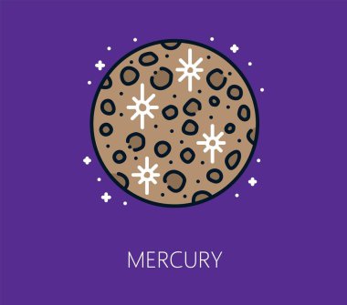 Uzay astronomisi Merkür gezegeni ince çizgi simgesi renginde. Galaksi uzayı çizgi sanatı sembolü, astronomi keşif vektör simgesi. Kozmos, Güneş Sistemi Gezegeni ile ana hatları simge veya uzay araştırma hattı işareti