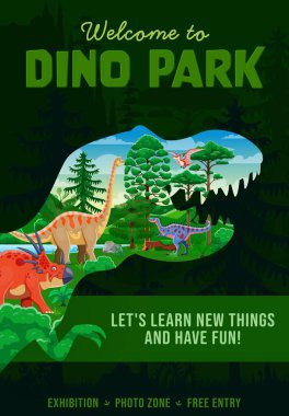 Dino Park posteri, Jurassic Ormanı 'nda T Rex silueti ve karikatür dinozorları, karikatür vektörü. Çocuk dino lunaparkı ya da tarih öncesi kertenkele tyrannosaurus müzesi ve sürüngenler sergi posteri.