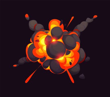 Çizgi roman bomba patlama efekti, çizgi film yangını ve duman bulutu, vektör TNT patlayıcı patlama. Bomba patlaması ya da nükleer patlama enerji patlaması ve VFX etkisi için patlayan duman bulutları