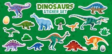 Jurasik kertenkelelerin ve komik dinazor karakterlerin olduğu tarih öncesi dinozor çıkartmaları, çizgi film vektör simgeleri. Çocuk paleontoloji oyunu ya da tarih öncesi kertenkele oyuncakları için dinazor ve dinozor yumurtaları