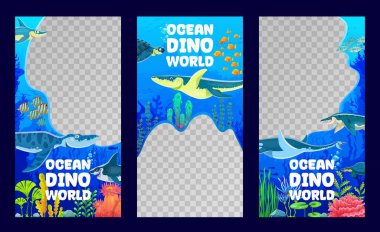 Tarih öncesi sualtı dinozorları, sürüngenleri ve vektör bayraklarıyla okyanus dinazorlarının dünya uçuşu şablonları. Okyanus dinozorları tarih öncesi deniz dinozorları ve su kertenkeleleri ile sosyal medya için şablon broşürleri