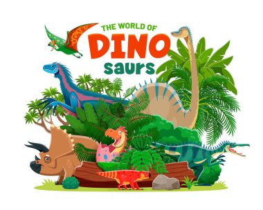 Jura dönemi ormanlarındaki tarih öncesi dinozor çizgi karakterleri, vektör posteri. Dino parkı veya paleontoloji müzesi ve dinozorlar atlas ansiklopedisi komik tarih öncesi kertenkeleler ve sürüngenlerle kaplı.