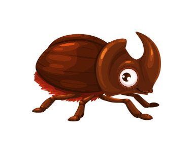 Çizgi film komik gergedan böcek karakteri. Büyük boynuzlu gülen gergedan böceği vektörü, çocuk eğitimi, doğa temaları ve çocuk kitapları için eğlenceli ve arkadaş canlısı kişilik.