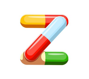 Sağlık hizmetleri çizgi filmi yazı tipi hap kapsülü Z. Tıbbi karikatür İngiliz alfabesi sembolü, sağlık vektörü yazı seti elemanı. Tıp çocukları ABC yazı tipi ya da hastane yazı tipi