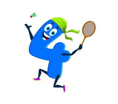 Çizgi film matematik numarası ya da yaz tatillerinde basamaklı karakter, vektör komik kişilik. Dört numaralı badminton, yüzünde mutlu bir gülümseme, spor ya da plaj oyununda 4 numaralı çizgi film karakteri