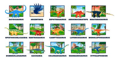 Tarih öncesi dinozorlar, karikatür Jurasik kertenkeleler ve komik dino, vektör karakterler koleksiyonu. Ormandaki tarih öncesi dinozorlar, dev sürüngenler, yırtıcılar ve paleontoloji kertenkeleleri.