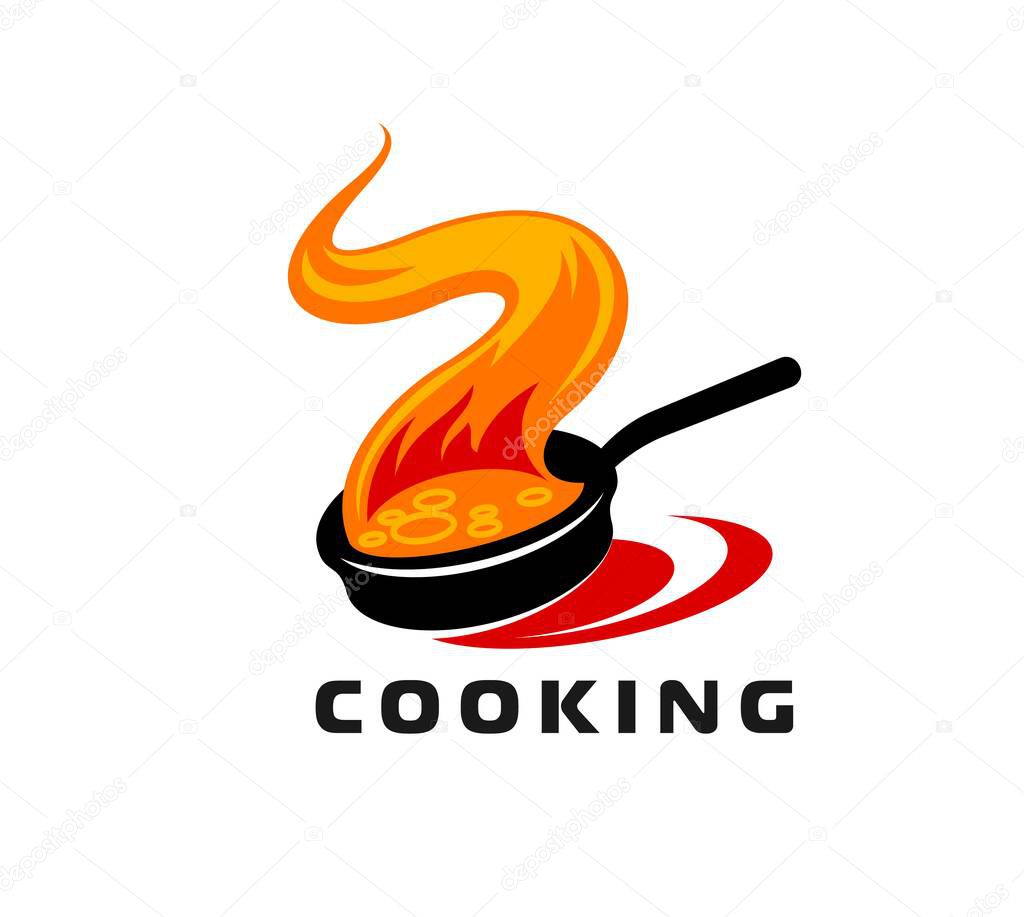 Cook pan icon for cooking school or kitchen chef food and gourmet cuisine restaurant, vector emblem. Frying pan or skillet icon with gourmet smell flow for BBQ grill bar or chef cuisine restaurant