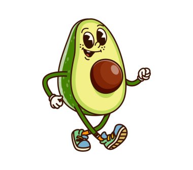 Yürüyen avokado yarısı tohum serinleten neşeli karakterli. 60 'ların sevimli vejetaryen yemekleri, izole edilmiş vektör karakteri, taze tropikal meyve mutlu hippi çizgi film karakteri. Doğal avokado neşeli maskotu.