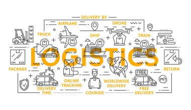 Nakliye, teslimat ve depolamanın lojistik simgeleri, vektör çizgisi sembolleri. İHA kurye veya uçak kargosuyla paket kutusunun dünya çapında dağıtım simgeleri