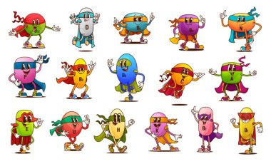 Süper kahraman kostümlü çizgi film vitamin karakterleri sağlık ve canlılığı temsil ediyor. Vektör B12, D, b6, ve N, P ve C, E, U ve H ve K, B2 veya B1 mikro besin kapsülleri refahı teşvik eder