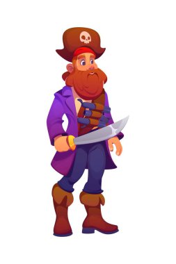 Korsan karikatür korsan karakteri kılıcını tutuyor ve yana bakıyor. Mor ceketli vektör korsan şahsiyet, kahverengi çizmeler, kırmızı bandana ve göğsünde deniz savaşına hazır tabancalar olan mühimmat kemeri.