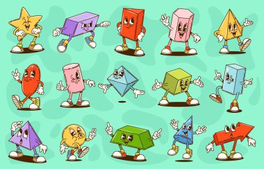 Modern matematik geometrik figür karakterleri. Şirin saykodelik şekiller, karikatür, silindir, piramit ve küre, ok, yıldız ve kalbin vektör kişiliklerini şekillendirir. Komik geometri ve matematik karakterleri