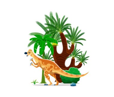 Pachycephalosaurus tarih öncesi dinozor karakteri. Ornithischian dinosunun karikatür vektör cinsi. Kretase döneminin sonlarına doğru ağaçlar ve bitkilerle dolu yemyeşil bir ormanda yaşayan otçul bir hayvan.
