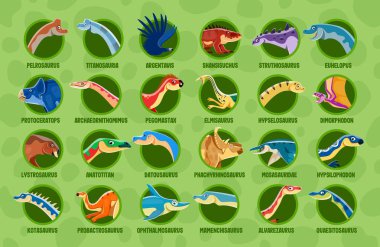 Dinozorların tarih öncesi hayvan ve sürüngenlerle ilgili bilgileri. Paleontoloji eğitim vektörü diyagramı ve karikatür dinozorları. Euhelopus, datousaurus, dimorphodon, anatotitan dinozor bilgileri