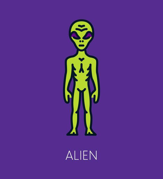 Space galaxy alien humanoid color line icon. Cosmos extraterrestrial life form outline icon, space discovery lineart vector symbol. Galaxy outerspace thin line icon with green alien character
