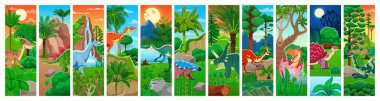 Karikatür tarih öncesi dinozor karakterleri vektör jürasik sürüngenler ve yumurta, orman, dağlar ve şelaledeki bebek dino ile kolaj yapıyor. Komik Chasmosaurus, Stegosaurus ve Ankylosaurus dinozorları