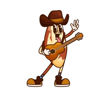 Çizgi film, Brezilya fındık kovboyu ya da klasik akustik gitar çalan kahverengi şapkalı ve çizmeli haydut karakteri. Vector kernel batılı sanatçı kişiliği dili dışarı çıkmış, country yayıyor, müzikal titreşim yayıyor