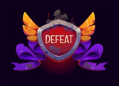 Oyun çerçevesi ikonu, evet varlık ya da rozet, gui fantezi atari final afişi. Vektör seviyesi sonu etiketi, video oyunu ekranını aç. Kanatlı bir kalkanla savaş işaretini, siyah dumanı ve yırtık mor kurdeleyi kaybet.