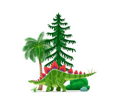 Stegosaurus tarih öncesi dinozor karakteri. Geç Jurasik dönemin otçulları. Sırtında bir sıra plaka ve çivili kuyruğu olan izole edilmiş karikatür vektör dino yemyeşil doğal bitki örtüsünün yanında duruyor.
