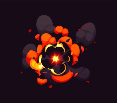 Çizgi film bomba patlaması ya da çizgi roman ile patlama etkisi ve duman bulutu, vektör patlayıcı. Patlayan enerji patlaması kırmızı ışık ve patlayan duman bulutu çizgi film oyun patlama etkisi için