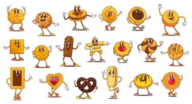Komik kurabiyeler, fırın karakterleri, vektör hamur işleri. Çizgi film hippi çikolata parçaları, şeker ve tereyağlı bisküvi. Kraker, kraker, zencefilli ekmek, sandviç ve çiçek kurabiyeleri.