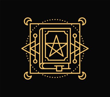Esrarengiz Tarot çizgisi sembolü ya da gizemli Boho dövme süsü, vektör okült işareti. Tarot kartları sihirli yıldızın esrarengiz çizgi sembolü ve sihirli hilal ve büyülü okült işaretli büyü kitabı.