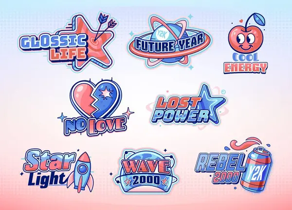 Y2k simgeleri seti, retro fütüristik estetik ve eğlenceli tipografi içeren vektör etiketleri, teknoloji, aşk, uzay ve isyan karışımı siber punk, nostalji ve pop kültür unsurlarını birleştirin