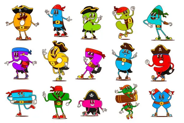 Çizgi film matematik numarası korsan ve şapkalı ve bandanalı korsan karakterler. Korsanların ve matematik sembolü korsan sayısının vektör hippi matematik kişilikleri. Harika aritmetik milletvekilleri