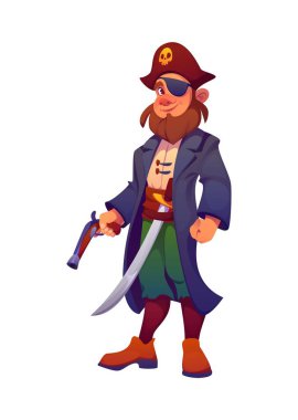Sakallı ve göz bantlı, elinde kılıç ve tabanca olan korsan çizgi film karakteri. Tricorn kafatası şapkası, uzun palto ve çizme giyen vektör komedyen. Parlak ve komik kabadayı.