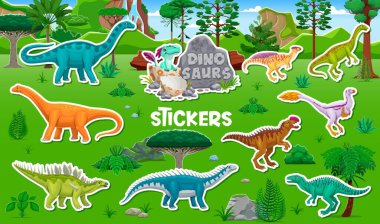 Tarih öncesi dinozor ve sürüngen karakterlerinin çıkartmaları. Yeşil çimen vektör arka planında çizgi film dino hayvanları ve yumurta içindeki bebek. Komik kentrosaurus, datousaurus ve anchisaurus dinozor çıkartmaları.