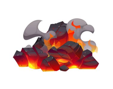 Kömür ya da şömine kömürü üzerindeki alevler kor parçaları ve kül, çizgi film vektörü. Yanan kor ya da odun kömürü ve kömür parçaları duman bulutu, şömine ya da fırın sıcak kömürü ile alevler içinde yanıyor.