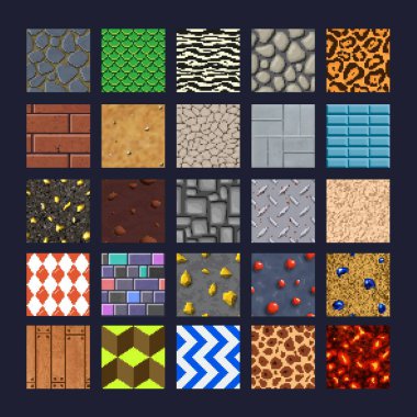 8 bit pikselli karolar, pürüzsüz desenler ve dokular seti, vektör karikatür arkaplanı. Oyun arkaplanı için 8bit piksel kalıplı tuğla duvar, taşlar ve lavlar, tahta ve ejderha ölçeği