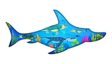 Kağıt sualtı dinozor siluetlerini tarih öncesi deniz manzarası, su hayvanları ve sürüngenlerle kesiyor. Vektör 3d kağıt, karikatür liopleurodon, başpiskopos, tilozor dinozorları ile göz kapağını kesti.