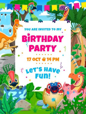 Tarih öncesi manzarada komik karikatür dinozorlarıyla doğum günü partisi ilanı. Jurasik dönemin sevimli sürüngenleriyle dolu bir tatil davetiyesi. Çocukları şenlikli kutlamaya hoş geldiniz.
