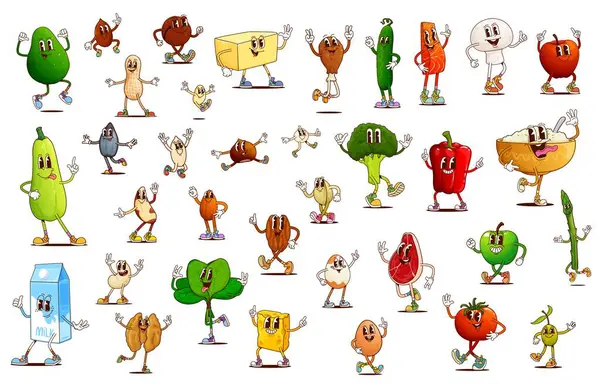 Harika kahvaltı yemekleri, sebzeler ve fındık karakterleri. Çizgi film süt kutusu, mısır gevreği, yumurta ve peynir sabah yemeği vektör kişilikleri. Retro taze balık, et, fasulye ve tohumlar, taze sebzeler ve zeytinler.