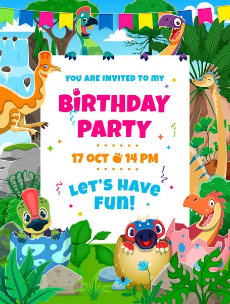 Tarih öncesi manzarada komik karikatür dinozorlarıyla doğum günü partisi ilanı. Jurasik dönemin sevimli sürüngenleriyle dolu bir tatil davetiyesi. Çocukları şenlikli kutlamaya hoş geldiniz.