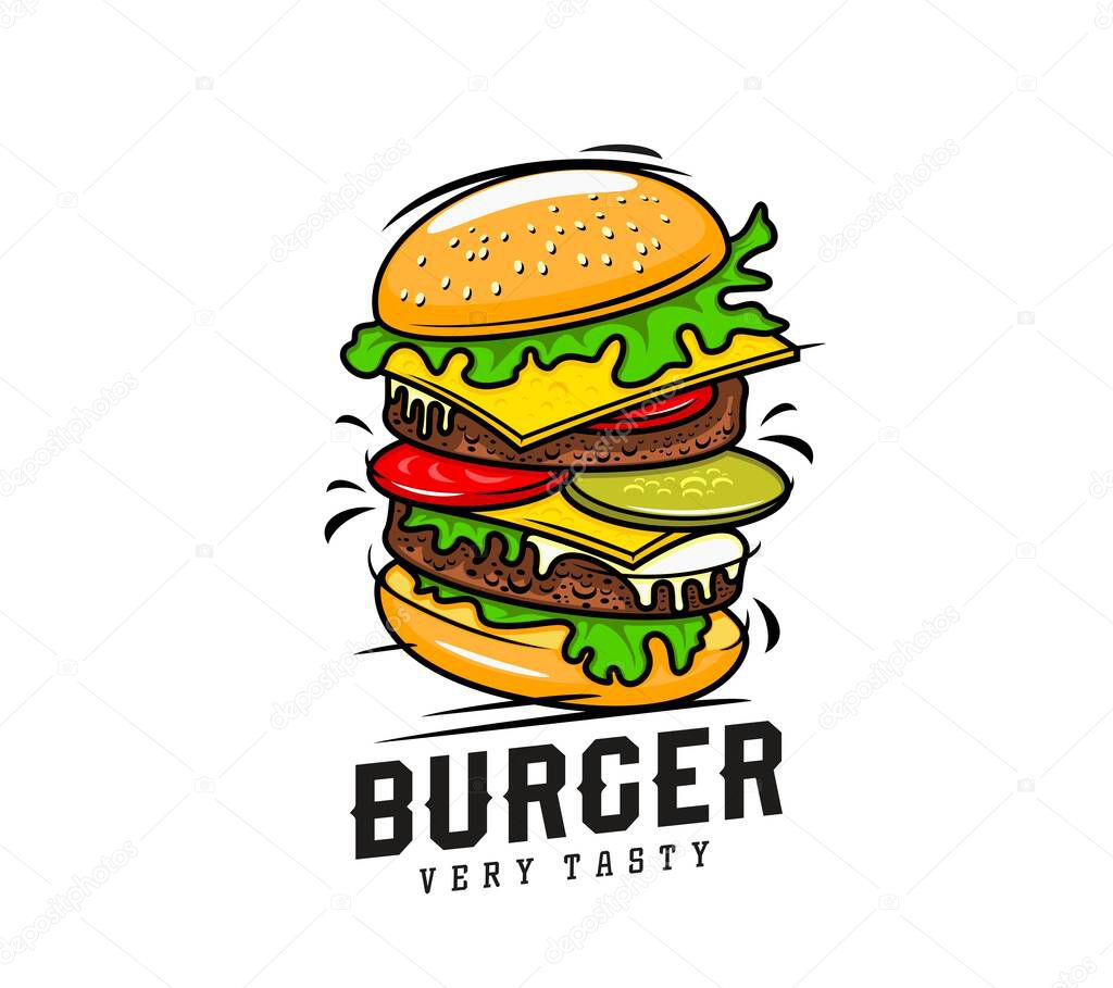Burger or cheeseburger icon for fast food restaurant or BBQ grill bar, vector sign. Burger with double patty icon for yummy cheeseburger or fast food sandwich with cheese, lettuce and sesame bun