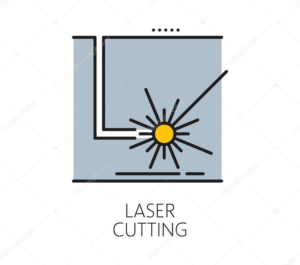 Laser cutting line icon of laser cutting machine or metal steel cutter, vector CNC tool. Laser cutting icon of plasma engraving printer or electric beam with CNC technology for metalwork pictogram