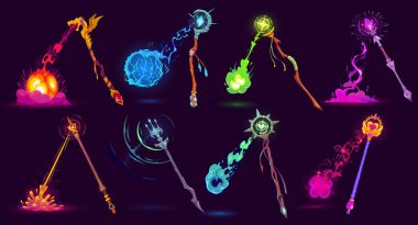 Büyülü ateş patlaması olan çizgi film sihirbazı asası. Parlayan sihirli enerji patlaması olan bir dizi sihirbaz çubuğu. Ateş, su, şimşek, kalp, buz ve temel büyülerle fantezi asaları