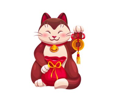 Uğurlu Japon çizgi filmi Maneki Neko kedisi. Japon kültür figürü, Asya şansı ve zenginlik sembolü. Maneki Neko, içi para dolu çuvalla izole edilmiş vektör kedisi, altın sikke ya da pençe içinde tılsım taşıyor.