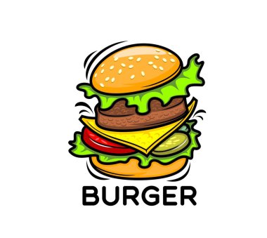 Fast food çizburger ikonu ya da amblemi. Fast food dağıtımı et, peynir, domates, salatalık ve taze salatayla izole edilmiş çizburger. Restoran hamburgeri ya da burger sandviç vektör sembolü