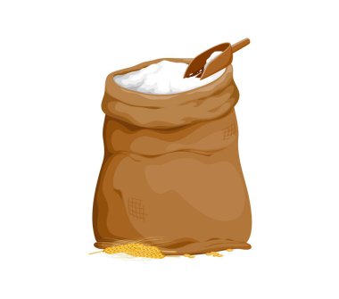 Tahta kepçeli un torbası, buğday kulağı ve tahıl. Organik çiftlik çavdarı, pirinç veya arpa ürünü, tarım mahsulü hasat, köy ekmeği ve pastane karikatür dükkanı çizgi filmi beyaz un çuval açtı