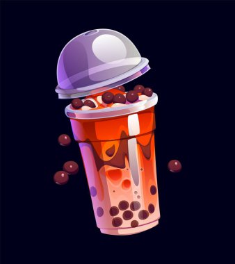 Karikatür sütlü çay bardağı. Kahverengi tatlı içecek, tapyoka incileri ve hafif şeffaf kubbe kapağıyla dolu şeffaf plastik servis bardağı. Kremalı ve tatlı Asya tatlı içeceği