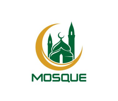 Ramazan Müslüman camisi simgesinde hilal şeklinde bir ay, minarelerle çevrili yeşil bir cami binası, İslam kültürünü ve ruhaniliğini sembolize ediyor. Dini ve Ramazan kutlamaları için vektör amblemi