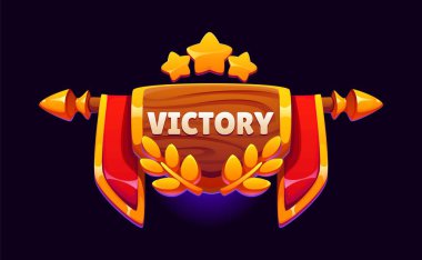 Zafer ödülü ikonu, evet rozet varlığı. Çizgi film vektörü ahşap zafer işareti, altın defne çelengi, üç altın yıldız ve her iki tarafında parlak elementlerle kırmızı bayraklar. Kazanan açılır pankart