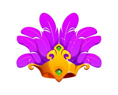 Karikatür Brezilya karnavalı şenlikli kutlamalar için başlık partisi. Parlak mor tüylü vektör altın taç, Brezilya festivallerinin ruhunu temsil ediyor, mardi gras maskeli balosu veya sirk gösterisi