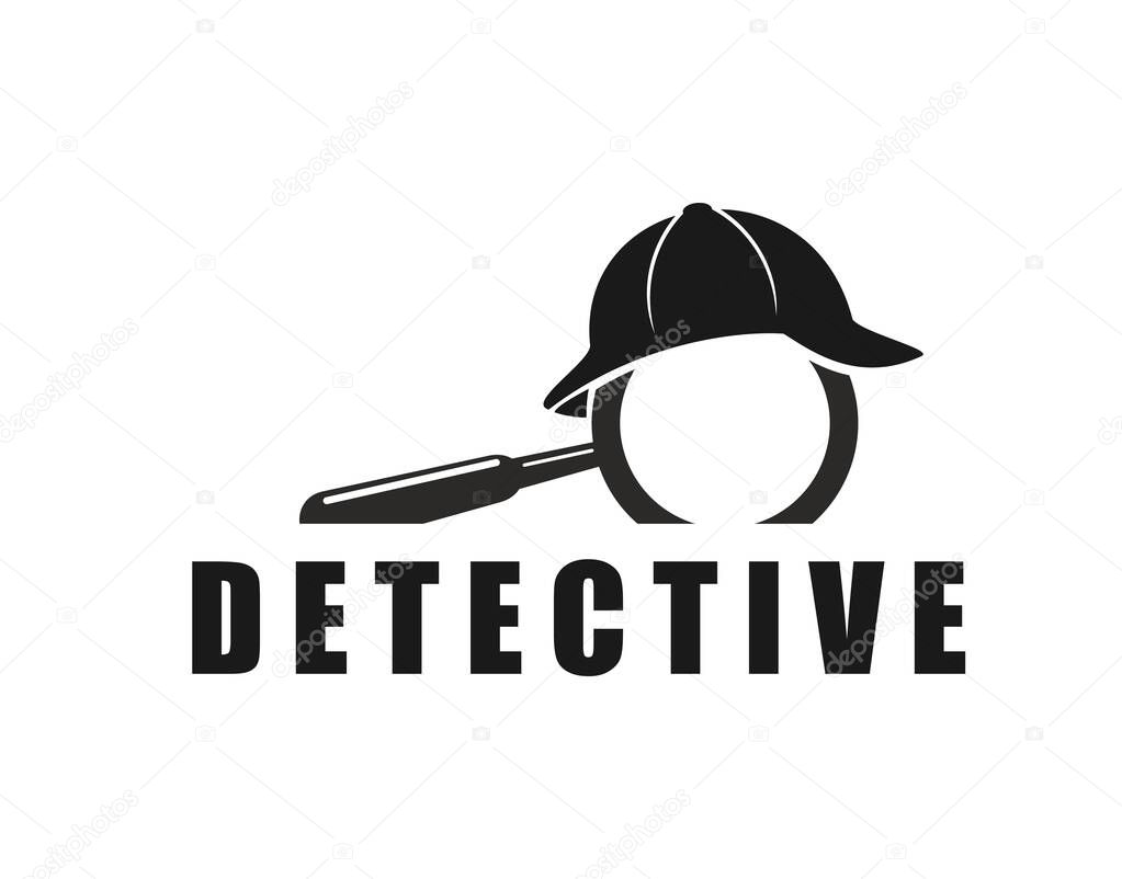 Private detective icon or police inspector and secret agent symbol or emblem featuring a magnifying glass forming a face wearing a hat, symbolizing investigation and mystery themes for agency branding